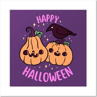 Happy halloween a Cute pumpkin friend with a crow Posters and Art